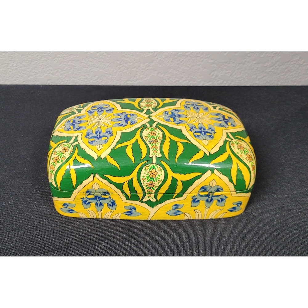 VTG 80s Kashmiri Papier Mache Trinket Box Hand-Painted Blue Green Floral Lacquer